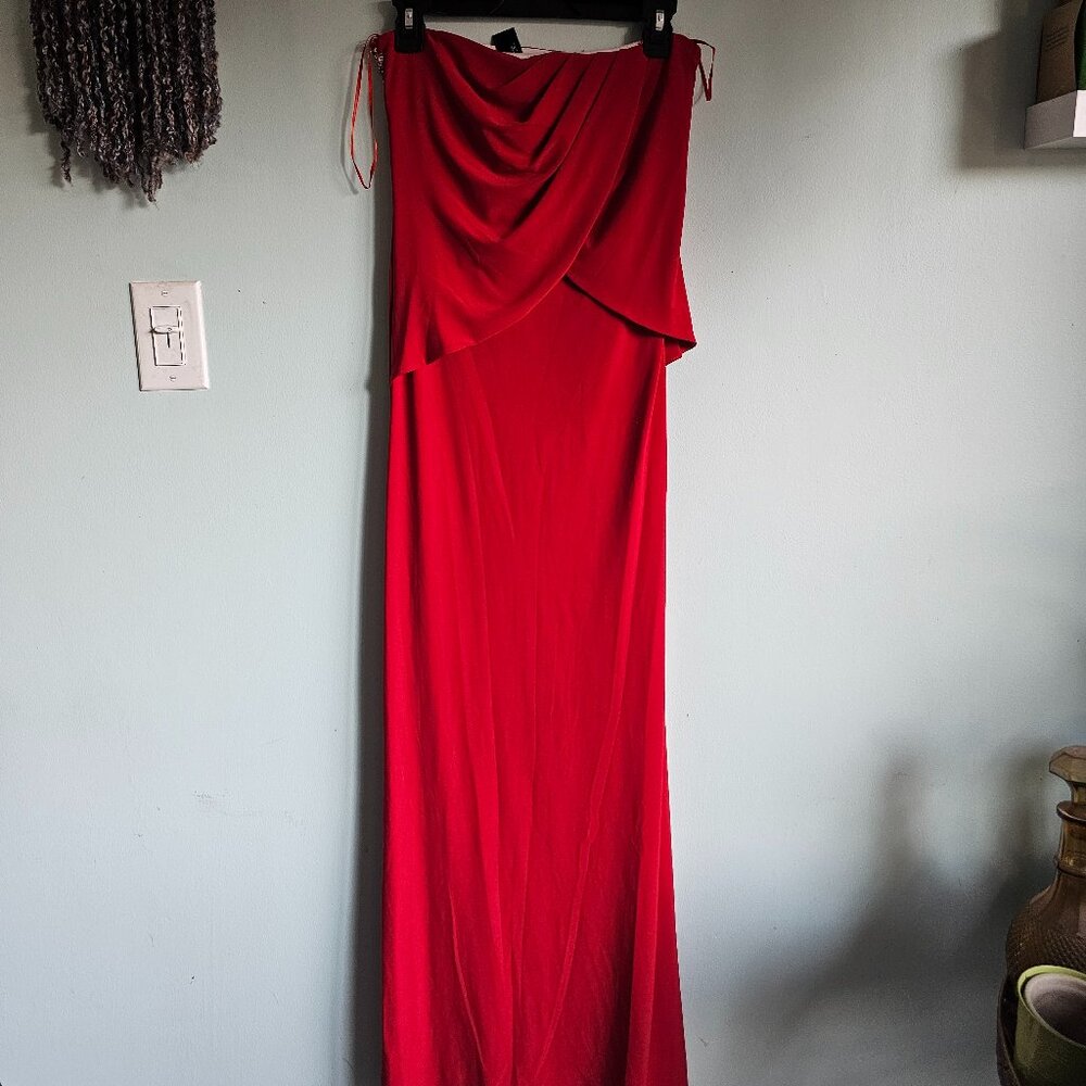 JS Boutique Red Strapless Dress Drape Back Size 2 *Minor Flaw*
